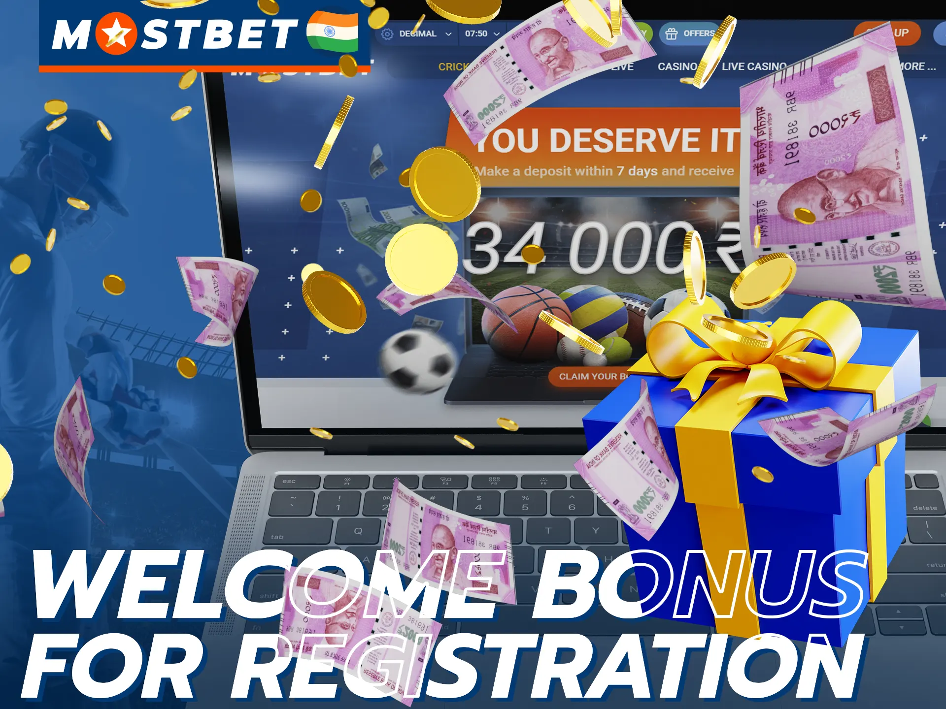Receive a welcome bonus for sports or casino betting when you register with Mostbet.