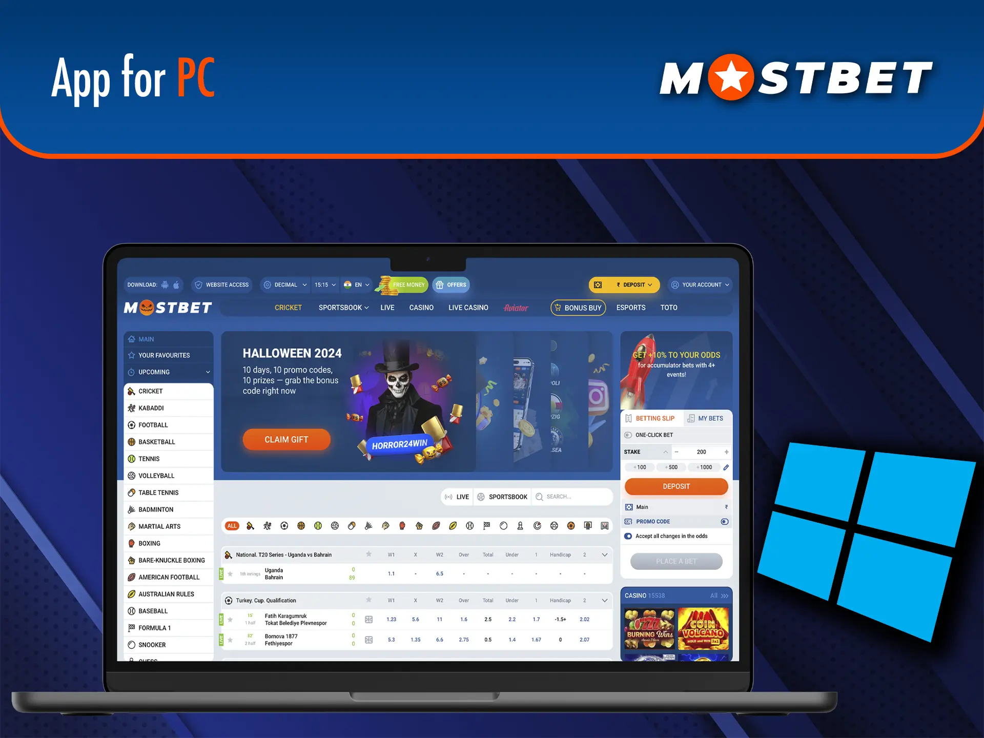 High resolution and colourful graphics in the best slots, you'll find it all in the Mostbet app for PC.