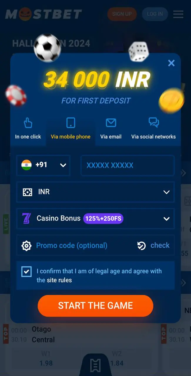 Form for registering an account at Mostbet casino.