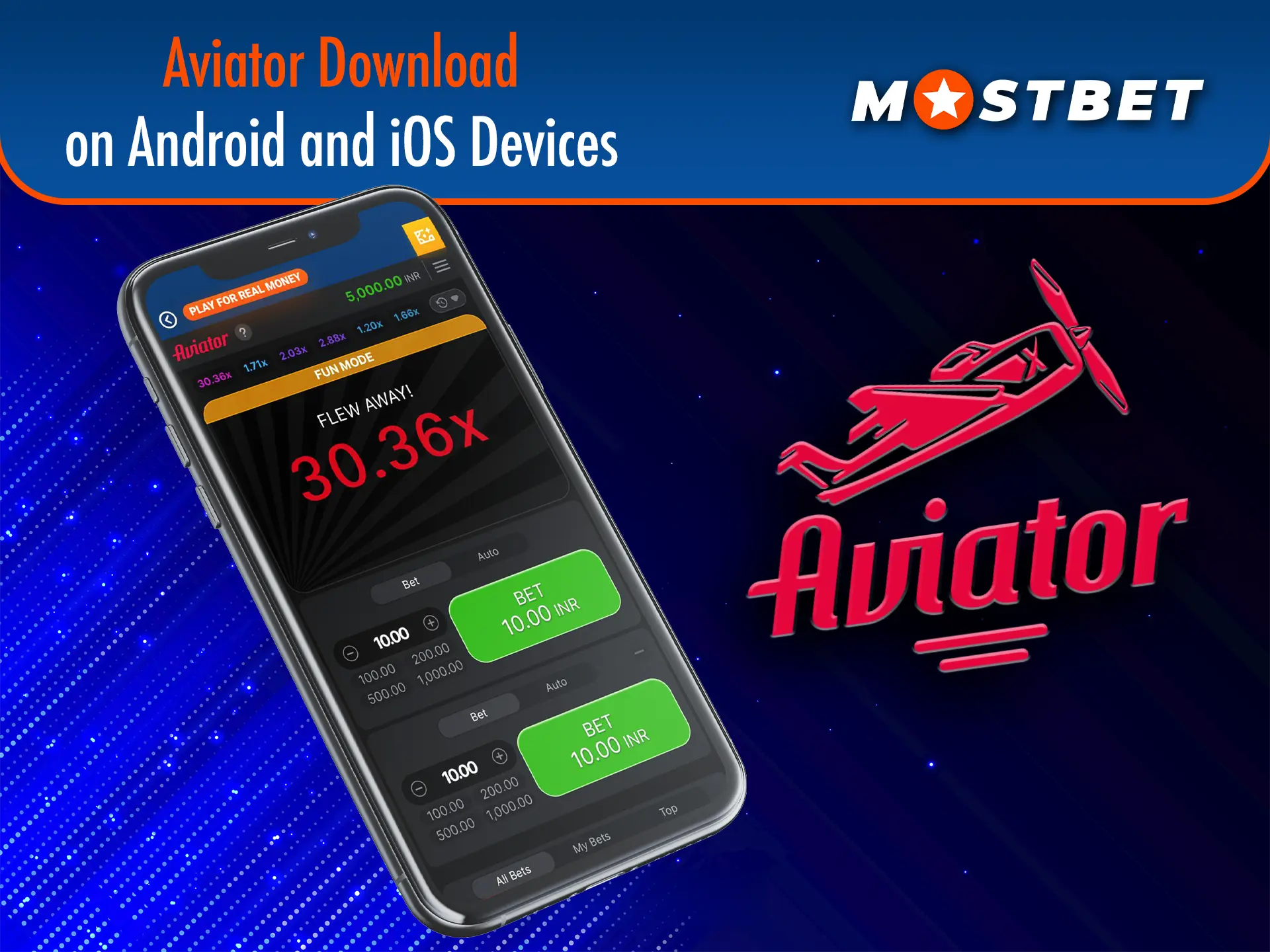 Playing Aviator through the Mostbet app you also get a colourful design and great speed.