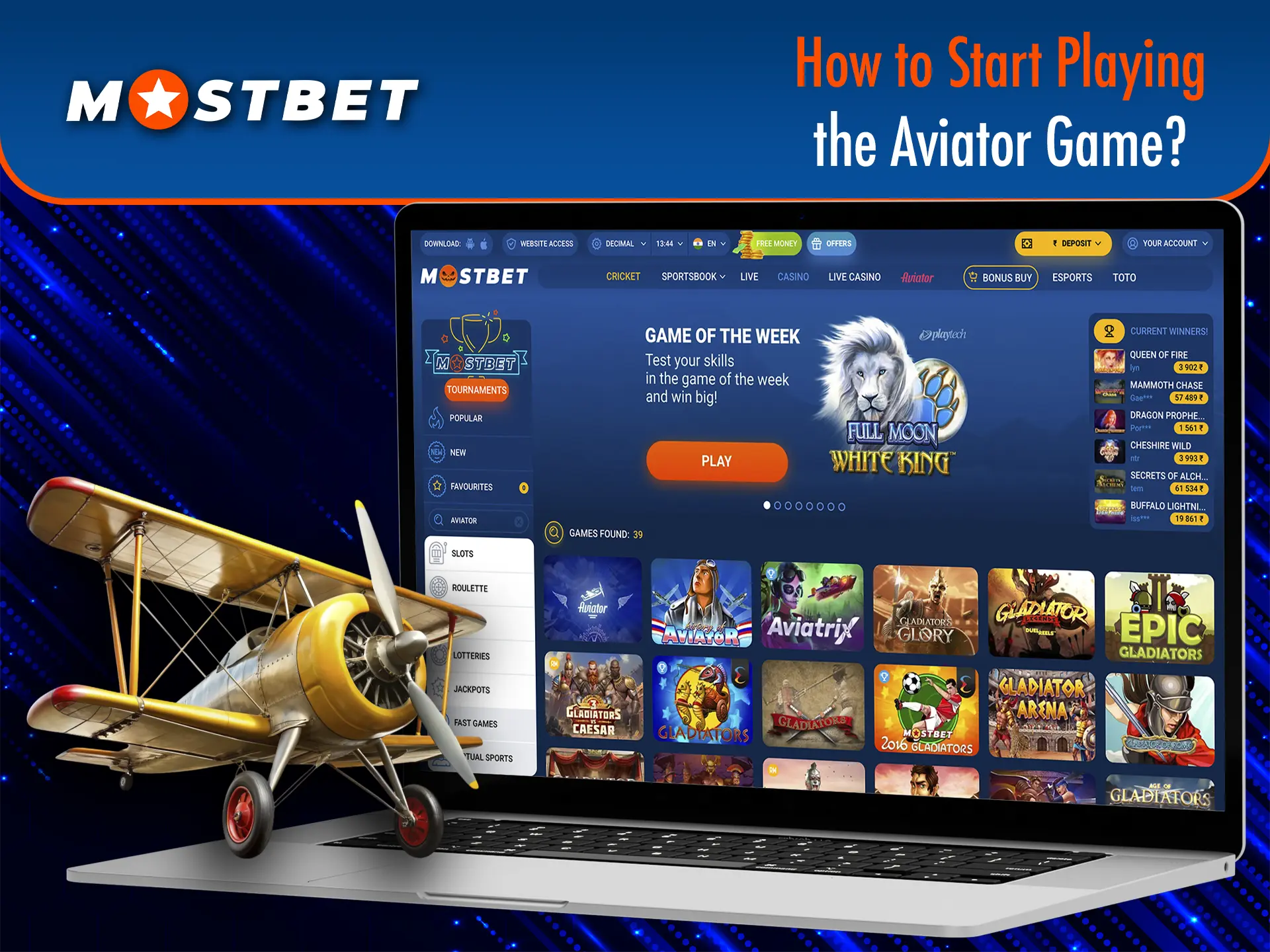 Open the casino tab on the Mostbet website and launch the Aviator game using the search.