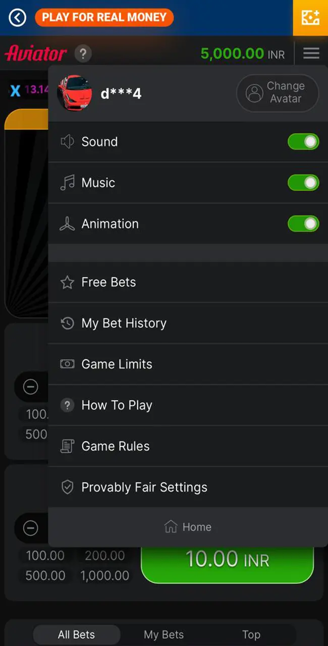 The menu available in the Aviator game from Mostbet casino.