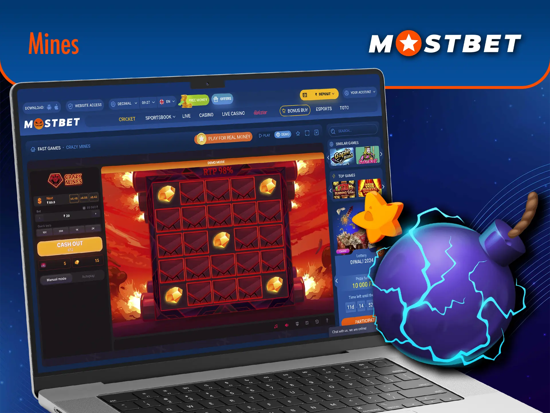 Show your flair and win a big bonus in the Mines game from Mostbet Casino.