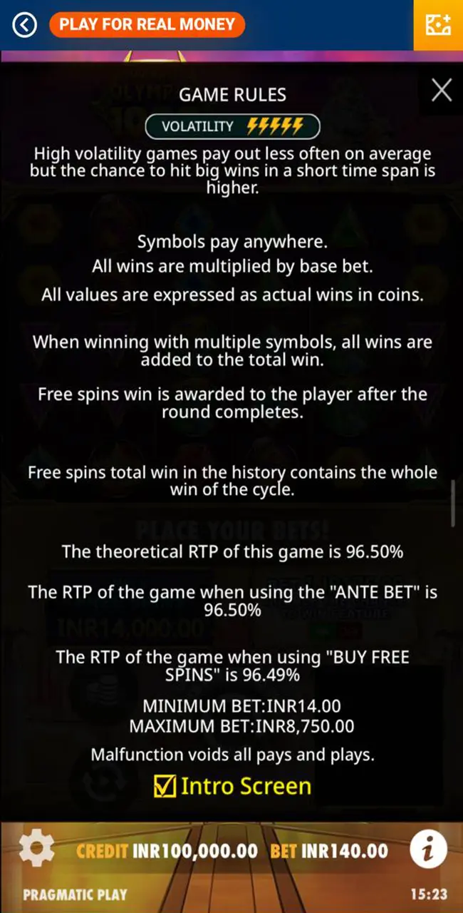 Information about RTP in the game Gates of Olympus from Mostbet Casino.