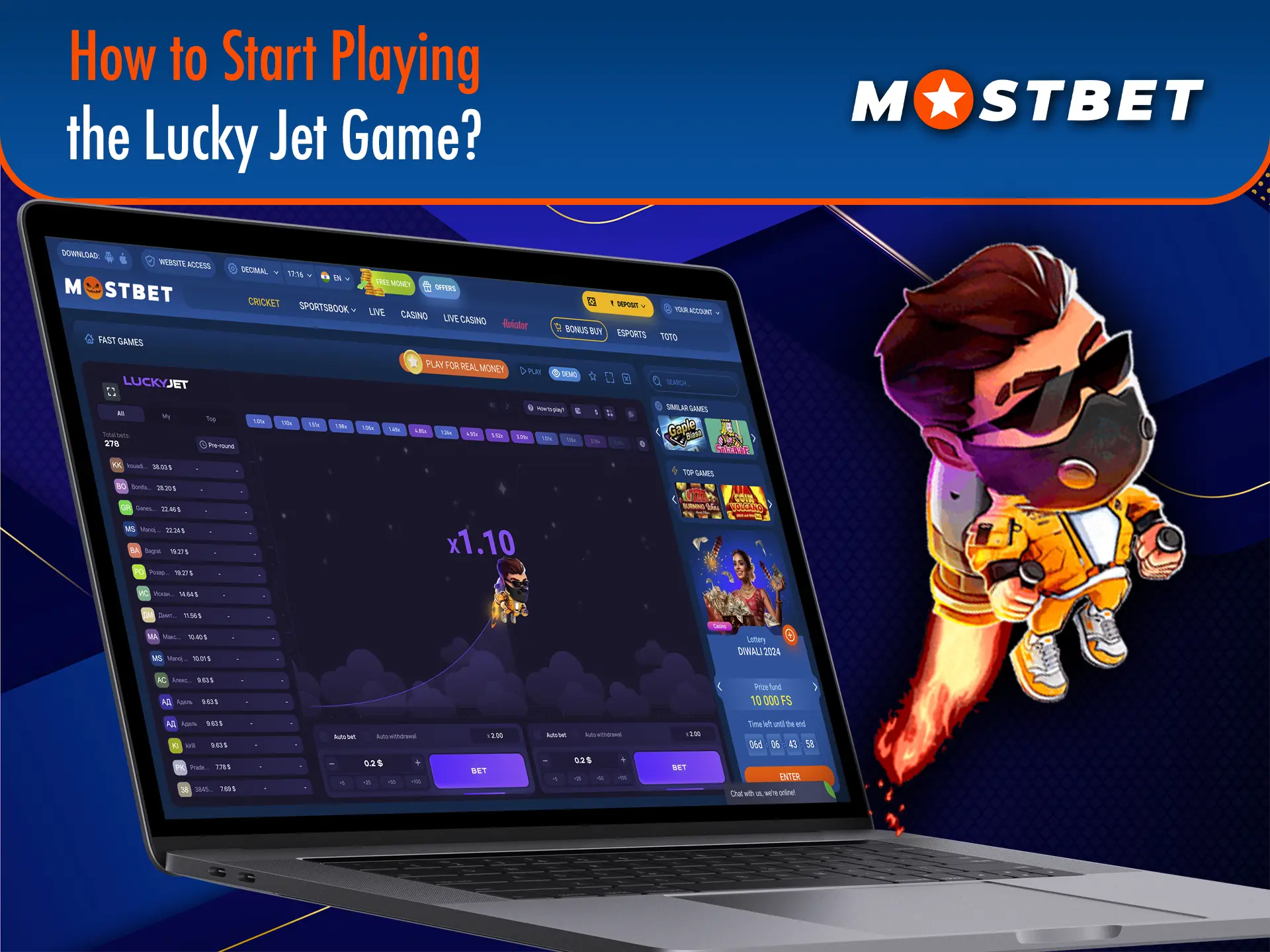 Play and enjoy big wins in the Lucky Jet game from Mostbet casino.