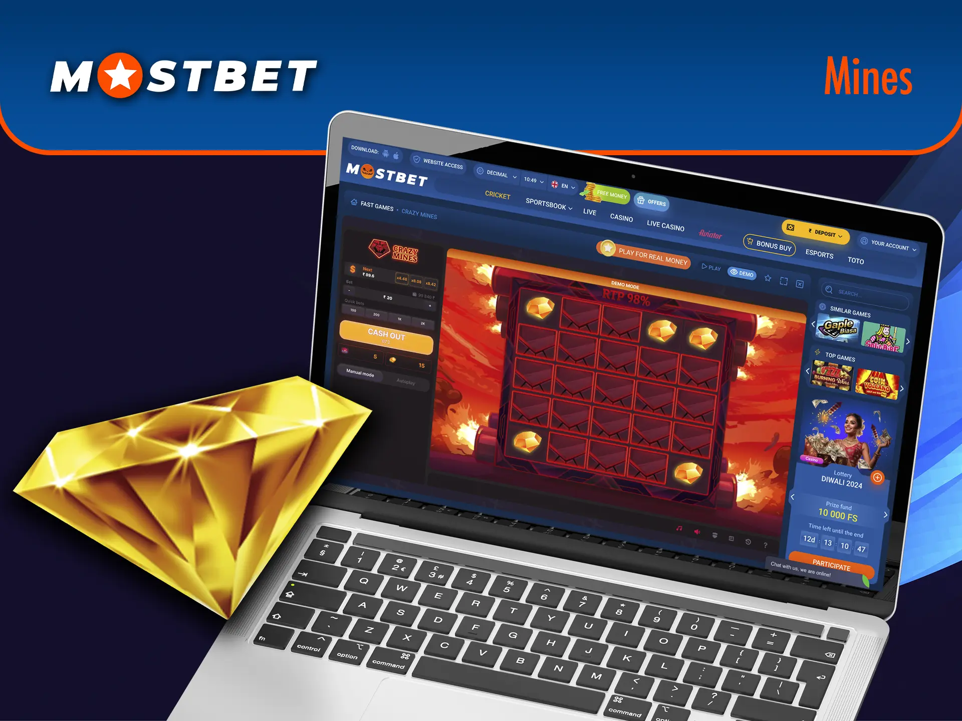 Increased odds are already available for you in the Mines game from Mostbet Casino.