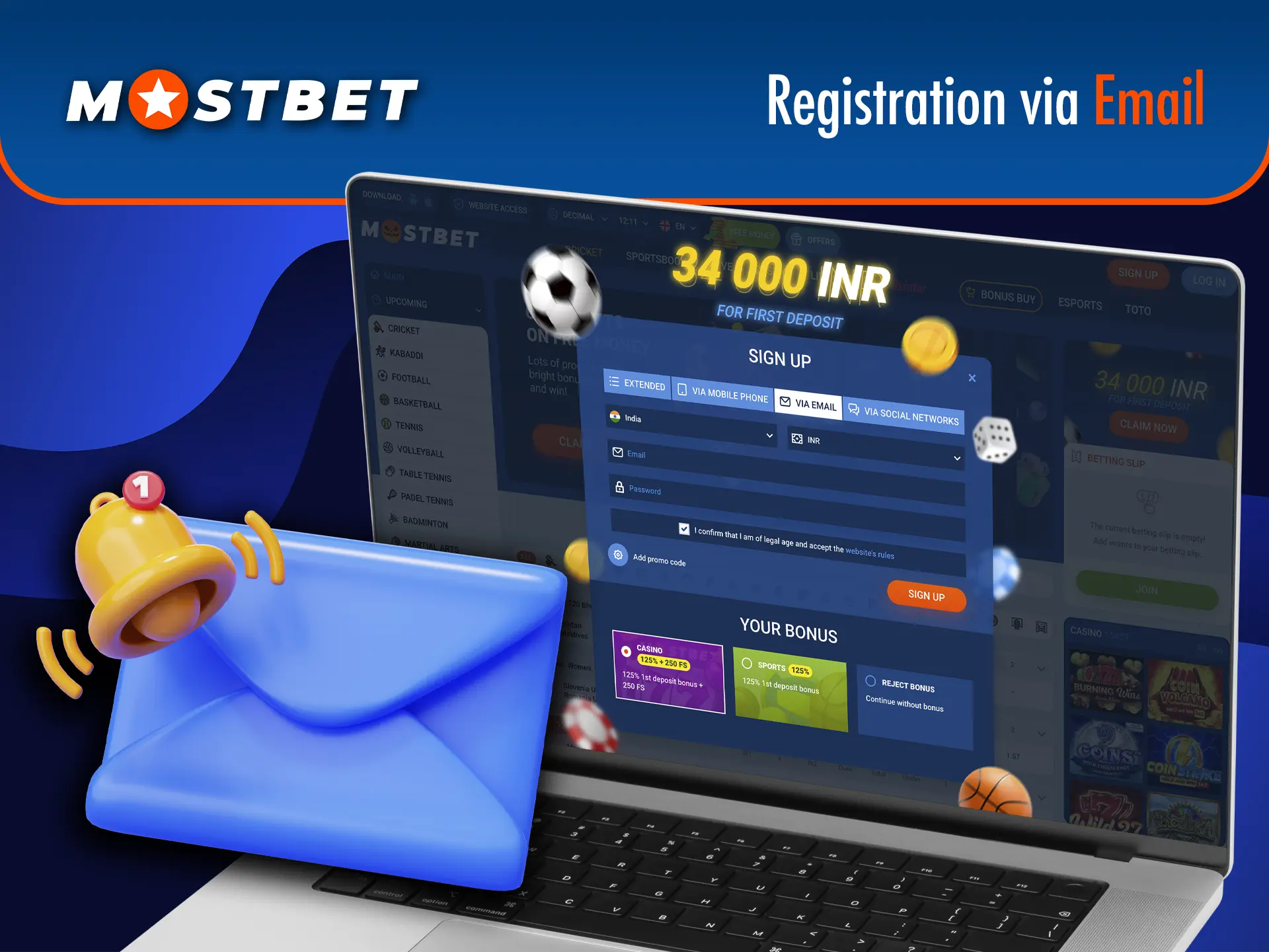 Use the mail for instant registration at Mostbet.