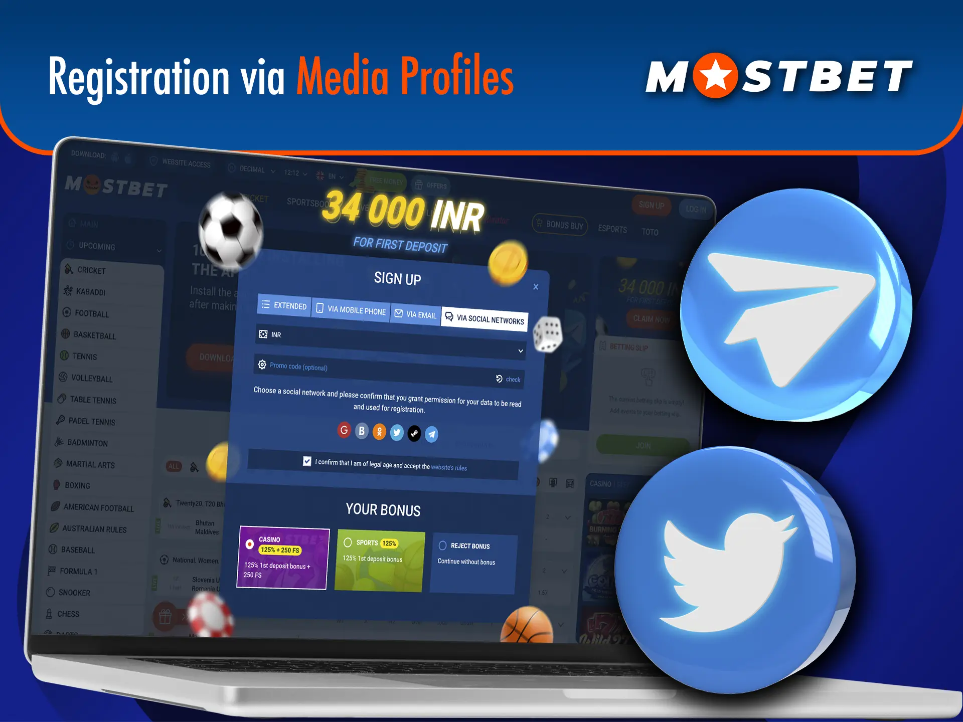 Register at Mostbet in just one click thanks to social media.