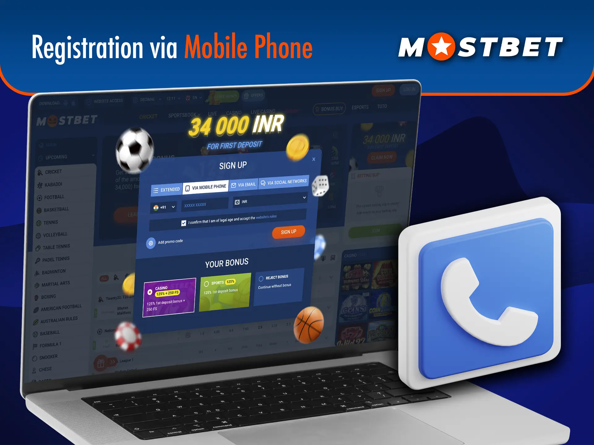 Enter your phone number for quick registration at Mostbet Casino.