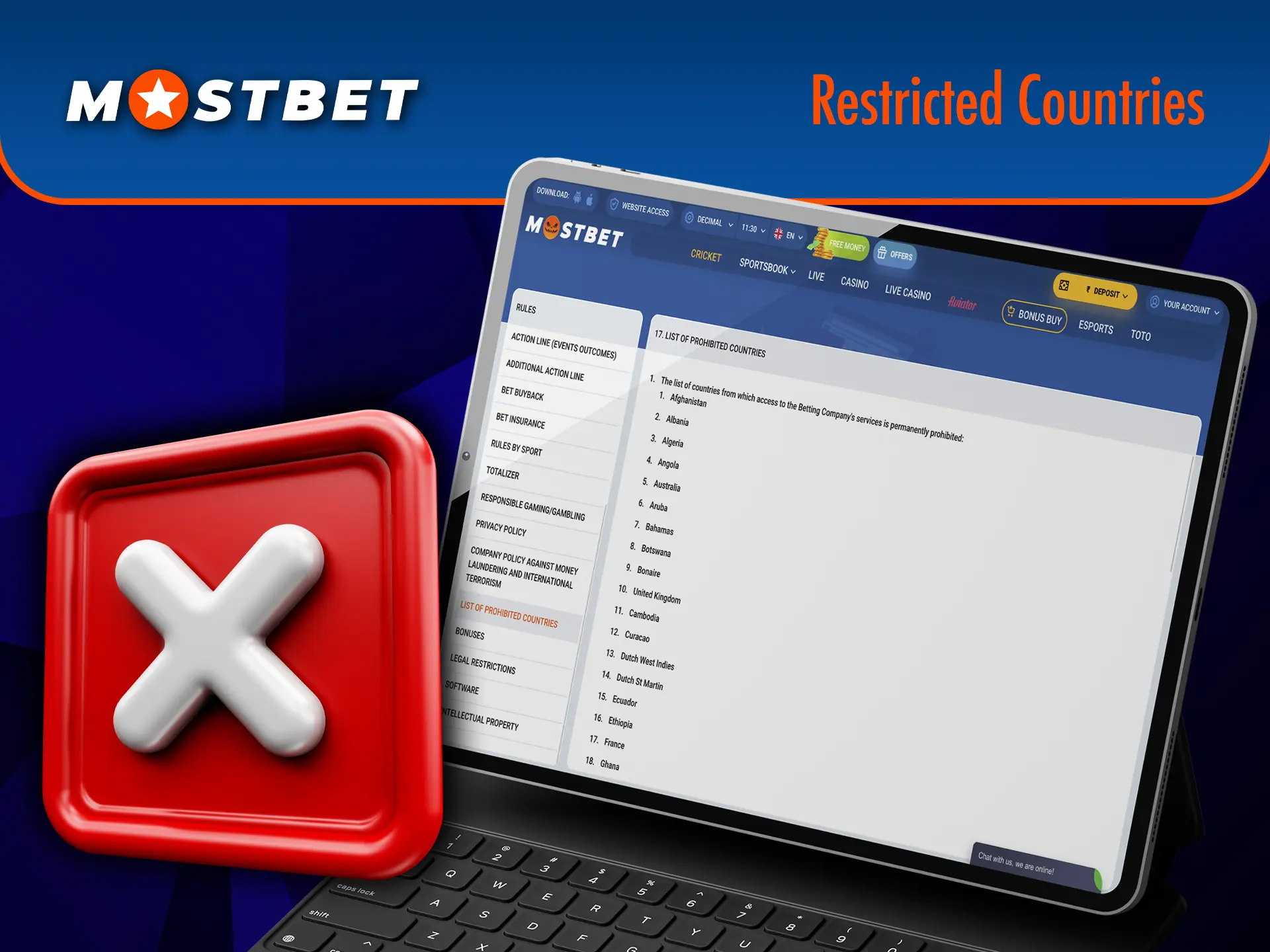 Familiarise yourself with the countries that have banned access to the Mostbet casino site.