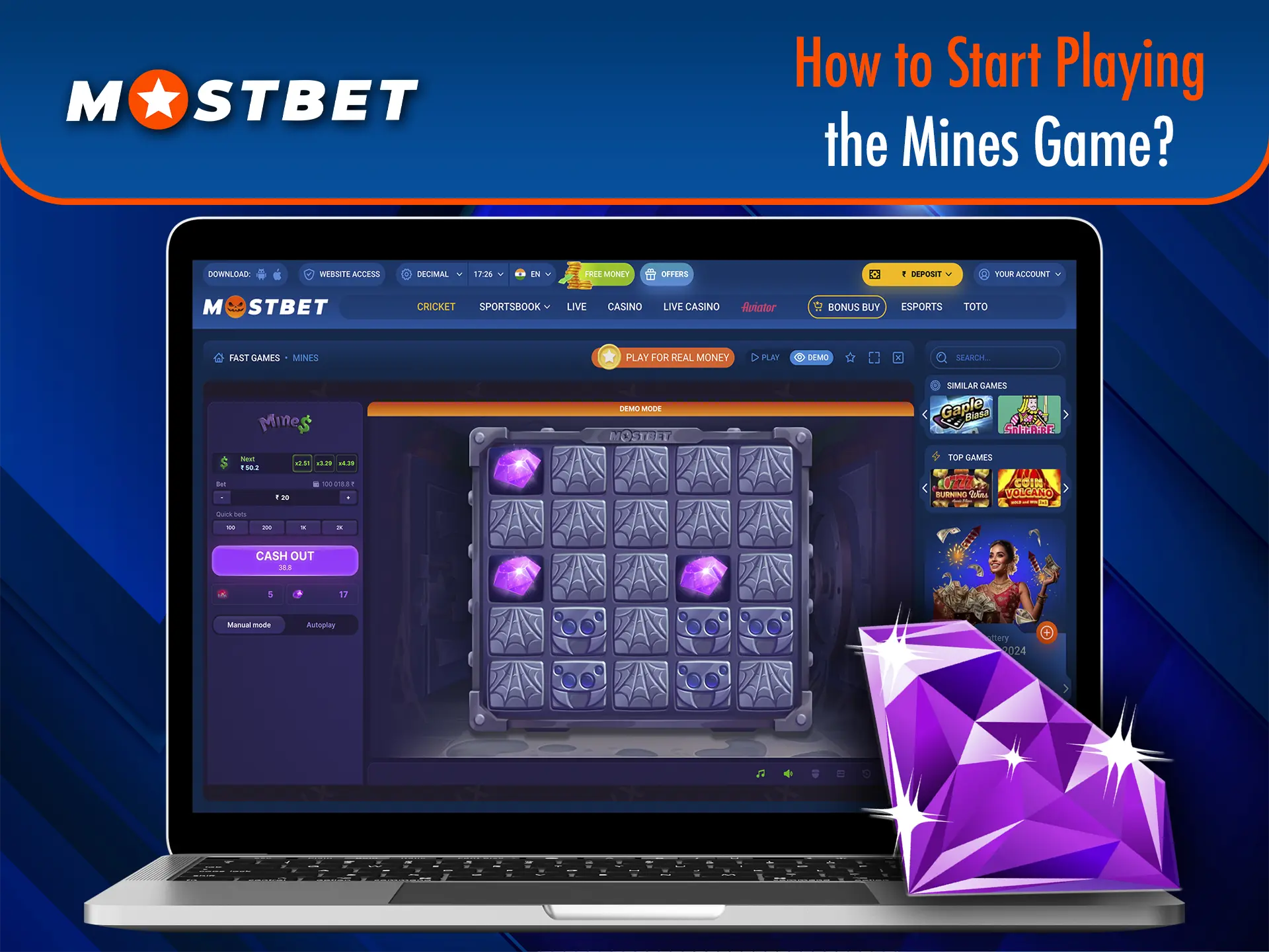 Make a deposit and immerse yourself in the gambling world of Mines from Mostbet Casino.