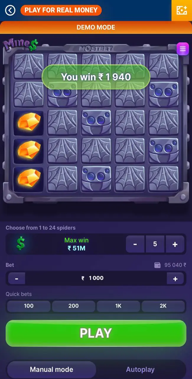 The home page in the Mines game from Mostbet Casino.