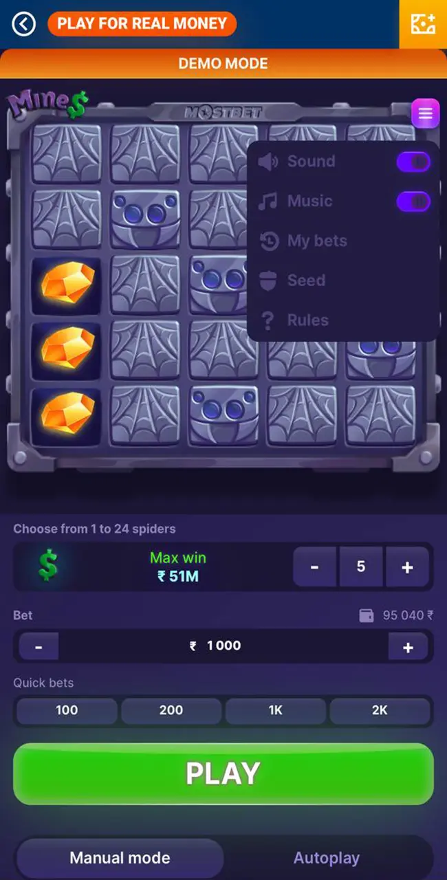 The menu available in the Mines game from Mostbet Casino.