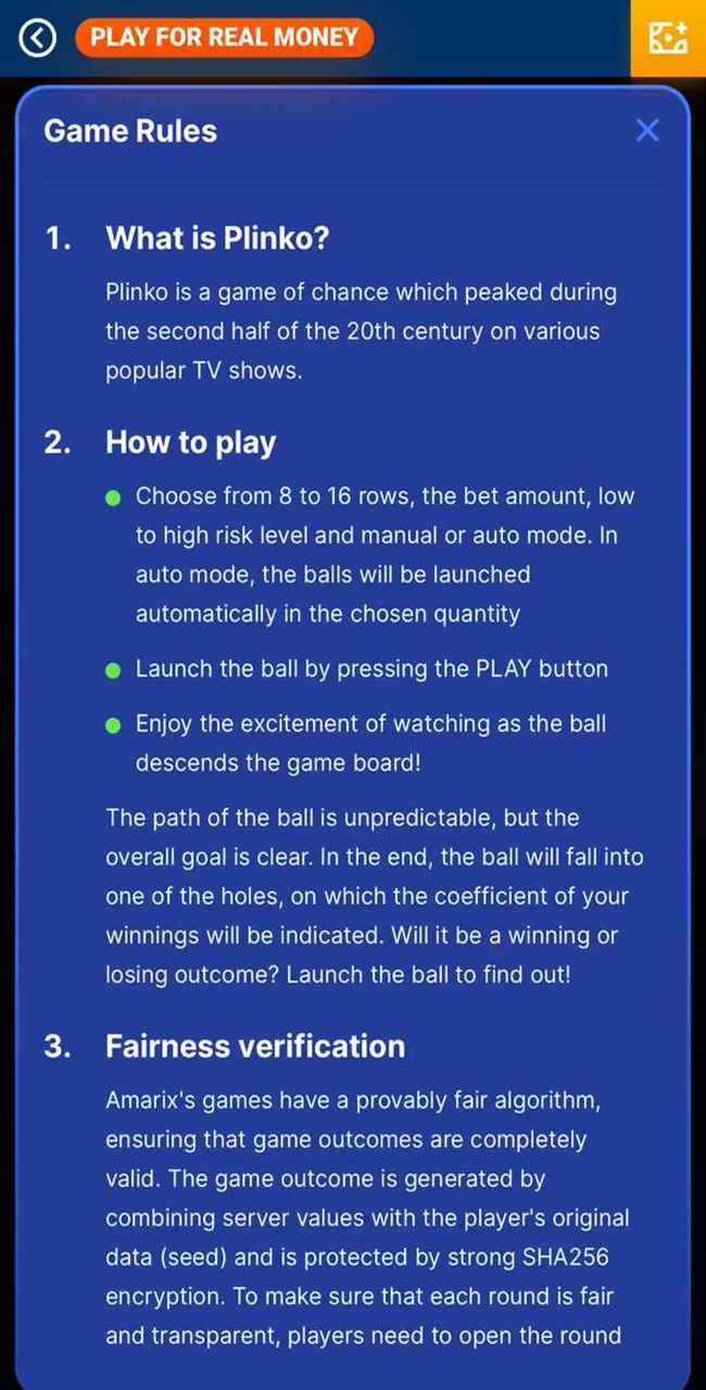 The rules for playing Plinko from Mostbet.