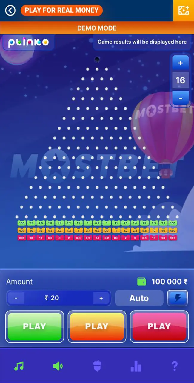 The interface of the Plinko game from Mostbet Casino.