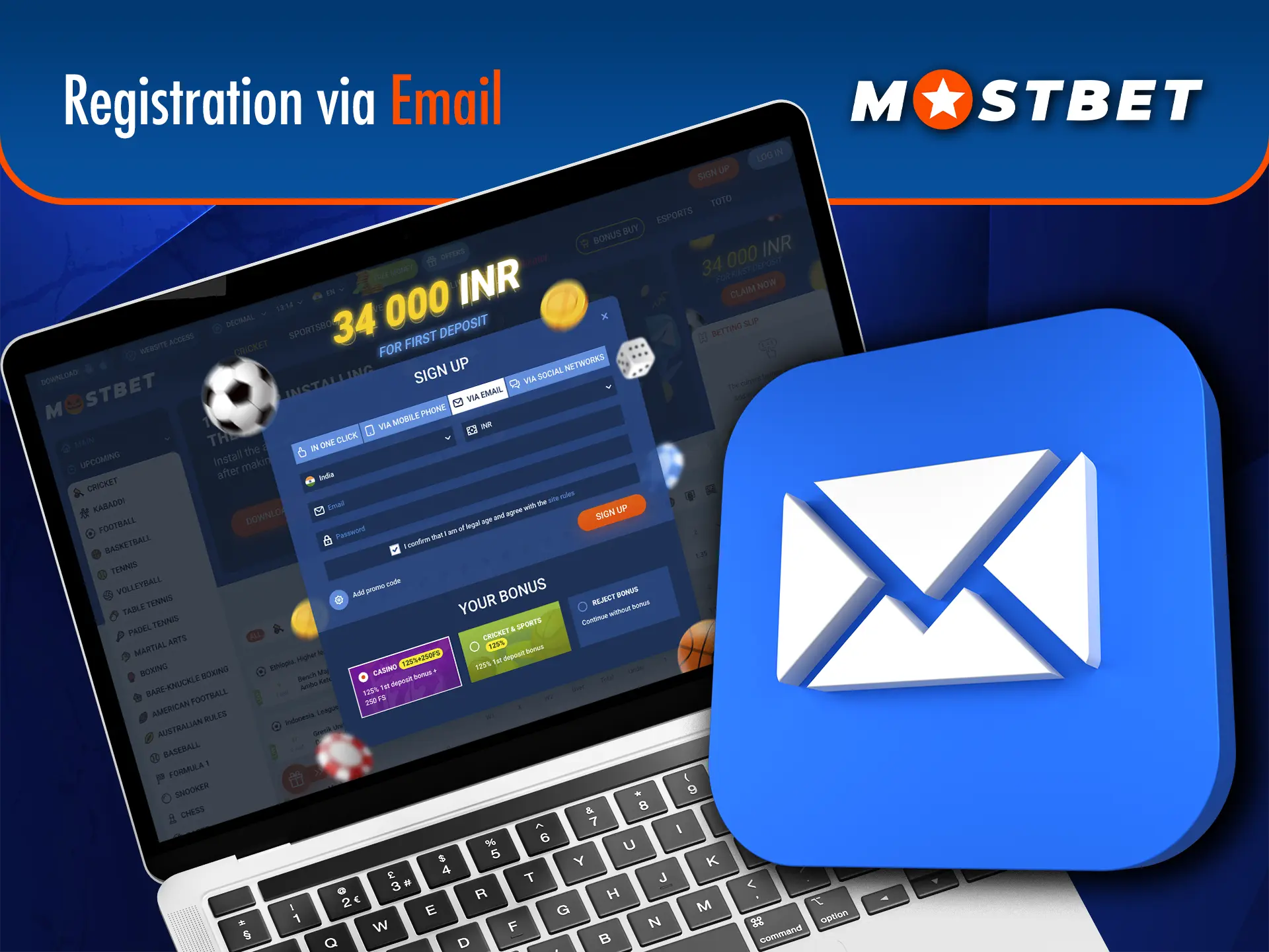 Use the mail for quick registration at Mostbet.