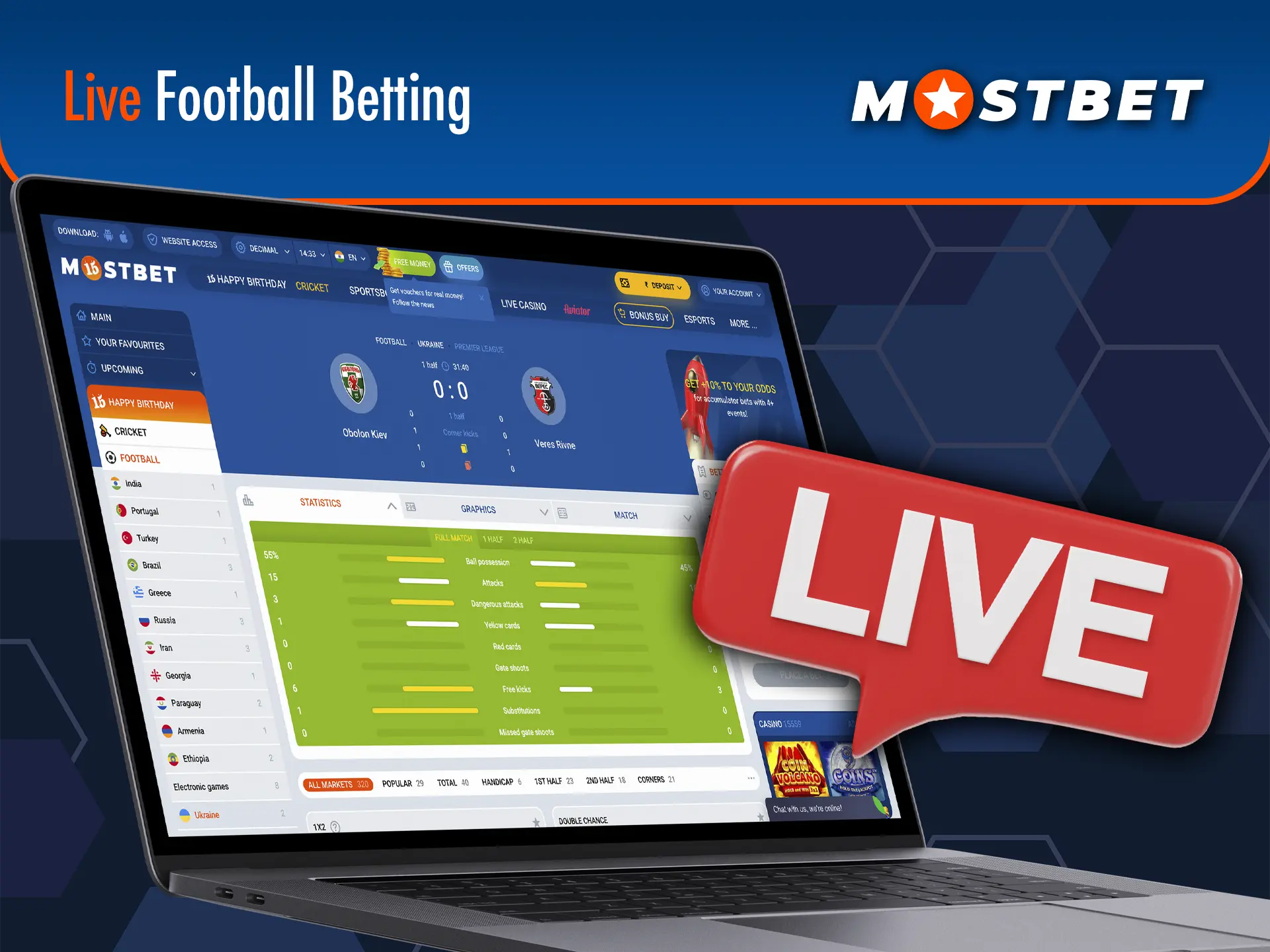 Watch matches in live mode, view statistics and make correct predictions at Mostbet.